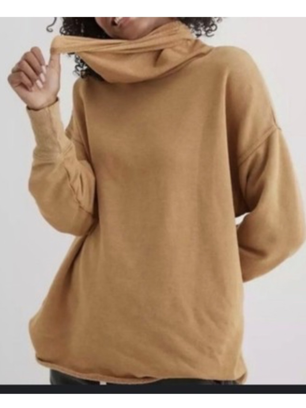 Aerie Fleece Turtleneck Sweatshirt Taupe Oversized Raw Hem Sweater